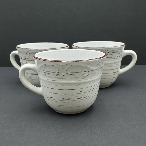 Pfaltzgraff Trellis White Mugs White Mugs Brown Bands Embossed Scrolls - Picture 1 of 6